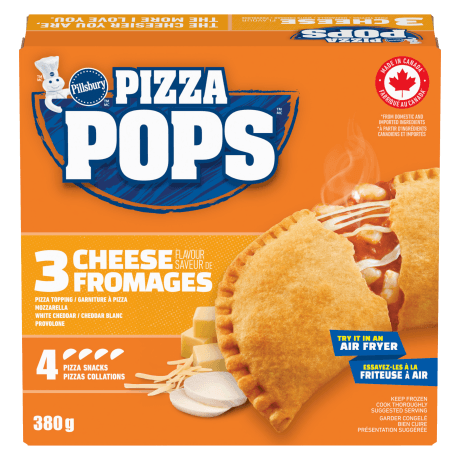 One box of Pillsbury Pizza Pops, Three Cheese, 4 pack, front of product.