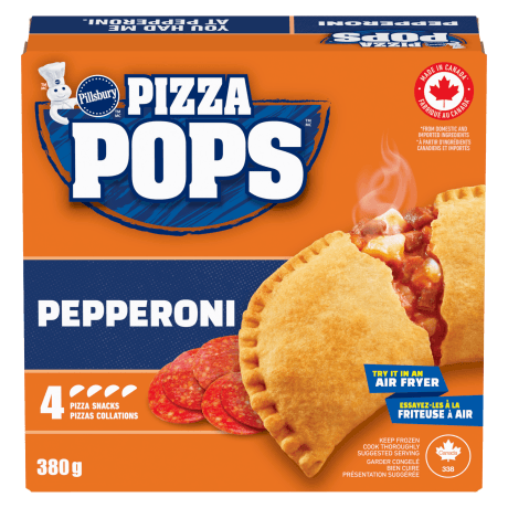 One box of Pillsbury Pepperoni Pizza Pops. 4 pack, front of product.
