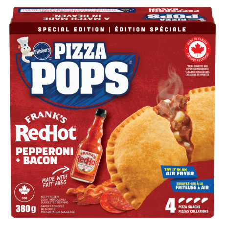 Façade de l'emballage des Pizza Pops Franks Red Hot Pepperoni & Bacon édition spéciale